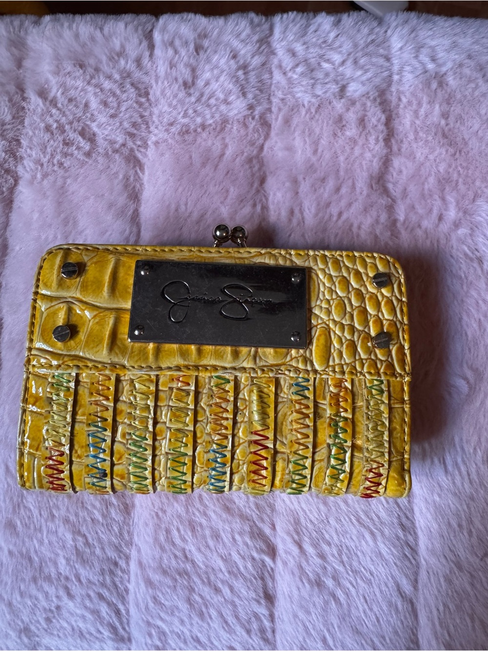 Jessica Simpson Yellow Embossed Wallet with Multicolor Stitching